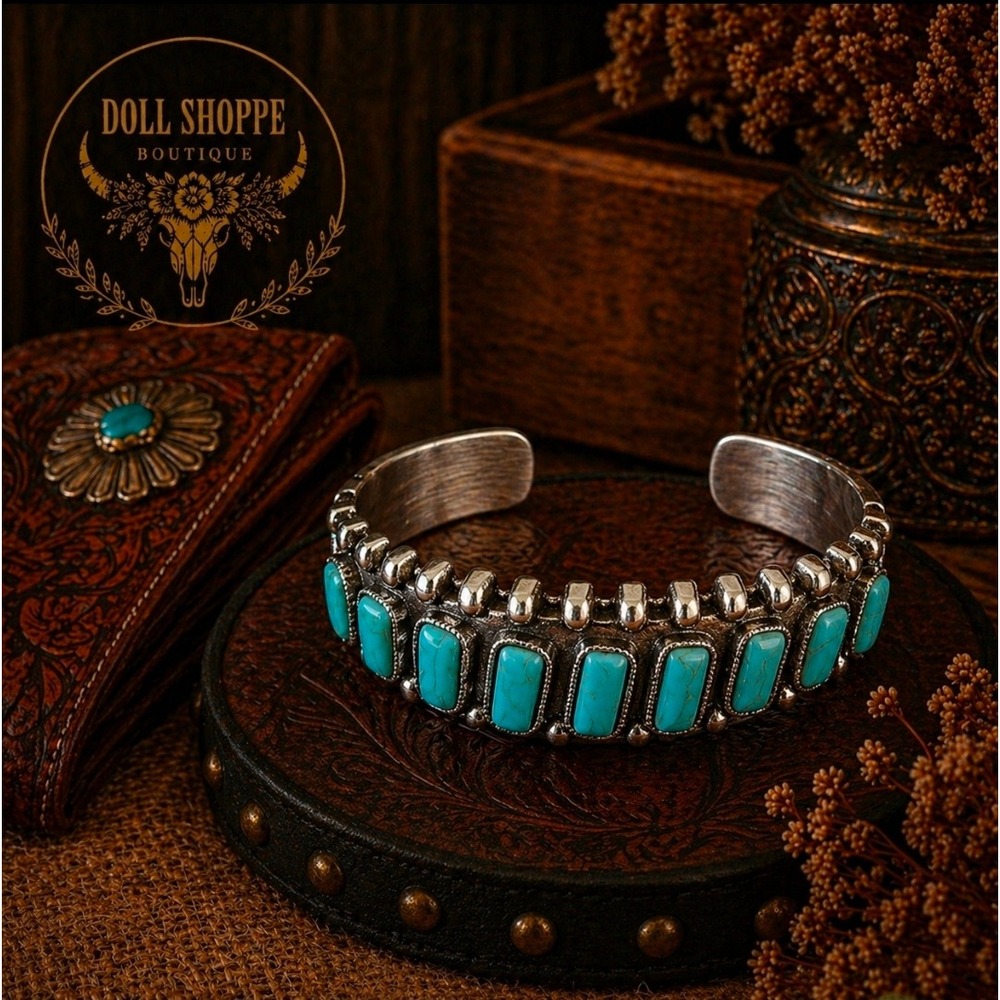 Statement Turquoise Cuff Bracelet – Silver Tone Western Boho adjustable Cuff